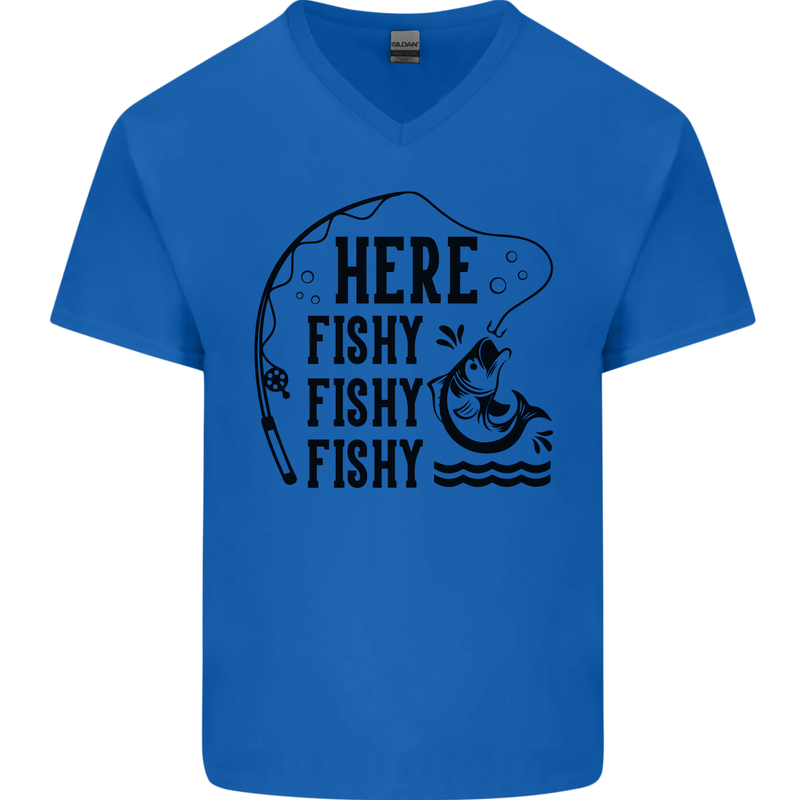 Here Fishy Fishy Funny Fishing Fisherman Mens V-Neck Cotton T-Shirt Royal Blue