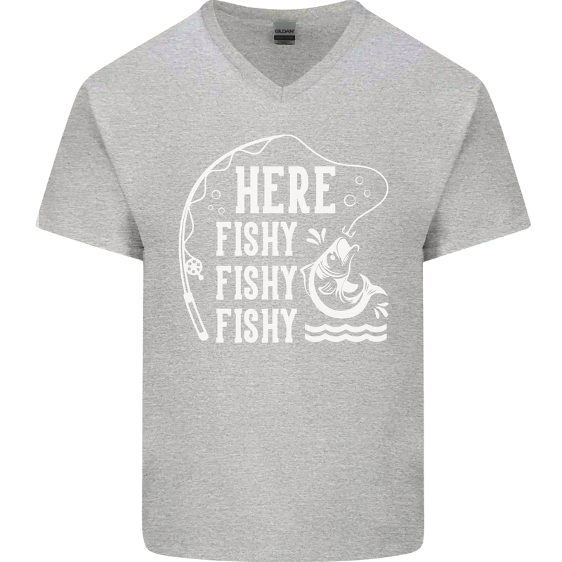 Here Fishy Fishy Funny Fishing Fisherman Mens V-Neck Cotton T-Shirt Sports Grey