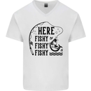 Here Fishy Fishy Funny Fishing Fisherman Mens V-Neck Cotton T-Shirt White