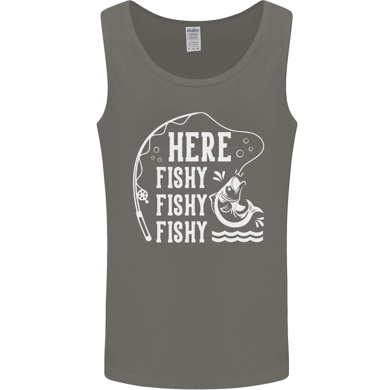 Here Fishy Fishy Funny Fishing Fisherman Mens Vest Tank Top Charcoal