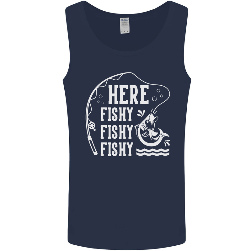Here Fishy Fishy Funny Fishing Fisherman Mens Vest Tank Top Navy Blue