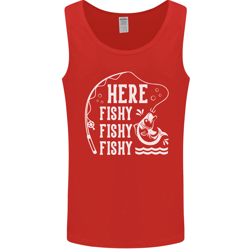 Here Fishy Fishy Funny Fishing Fisherman Mens Vest Tank Top Red