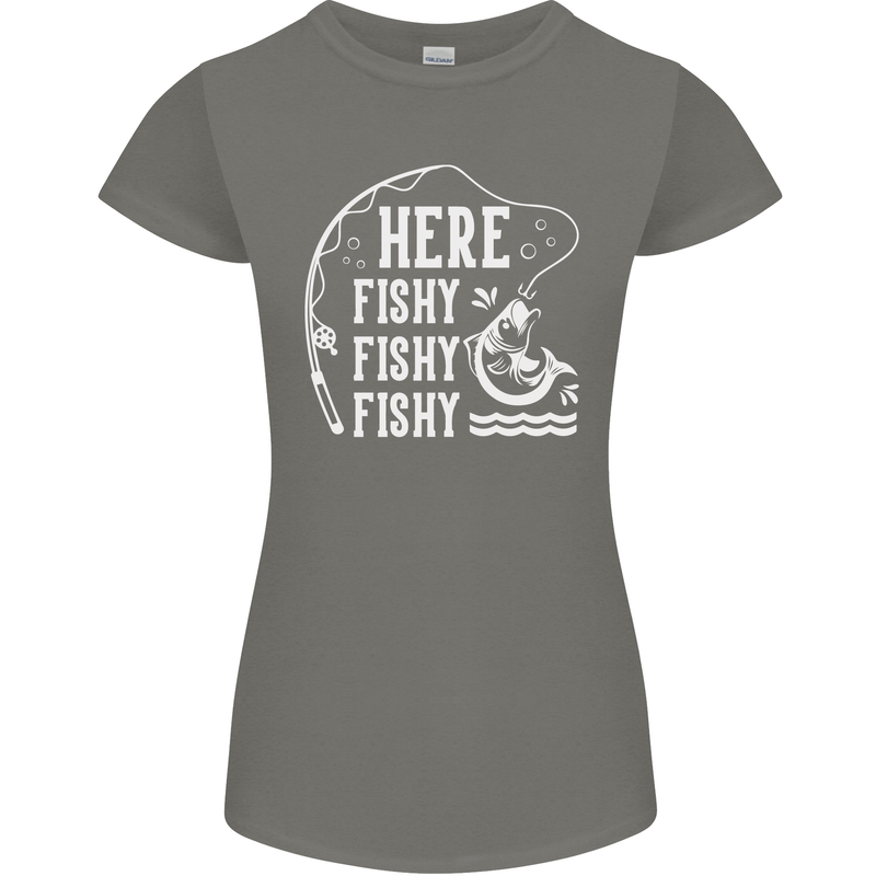 Here Fishy Fishy Funny Fishing Fisherman Womens Petite Cut T-Shirt Charcoal