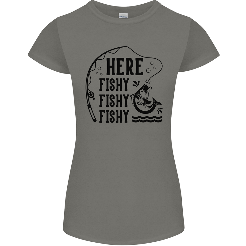 Here Fishy Fishy Funny Fishing Fisherman Womens Petite Cut T-Shirt Charcoal