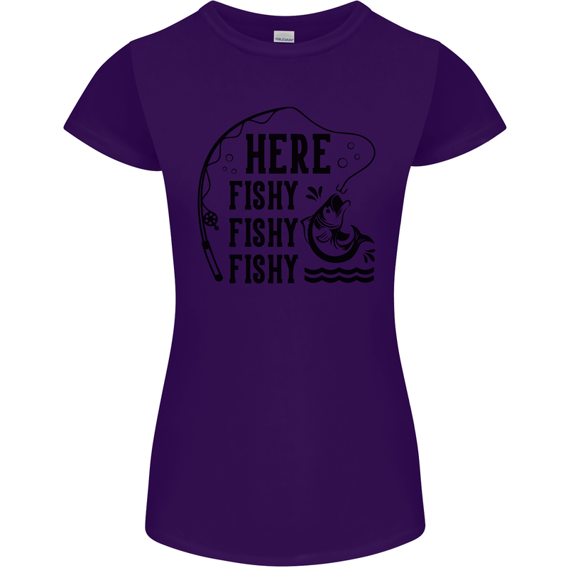 Here Fishy Fishy Funny Fishing Fisherman Womens Petite Cut T-Shirt Purple