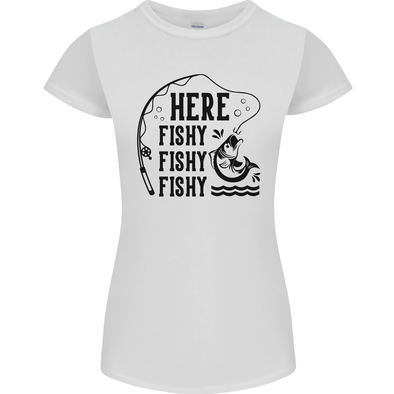 Here Fishy Fishy Funny Fishing Fisherman Womens Petite Cut T-Shirt White