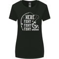 Here Fishy Fishy Funny Fishing Fisherman Womens Wider Cut T-Shirt Black