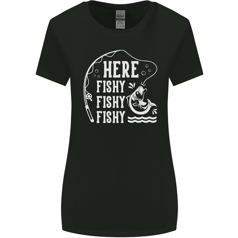 Here Fishy Fishy Funny Fishing Fisherman Womens Wider Cut T-Shirt Black