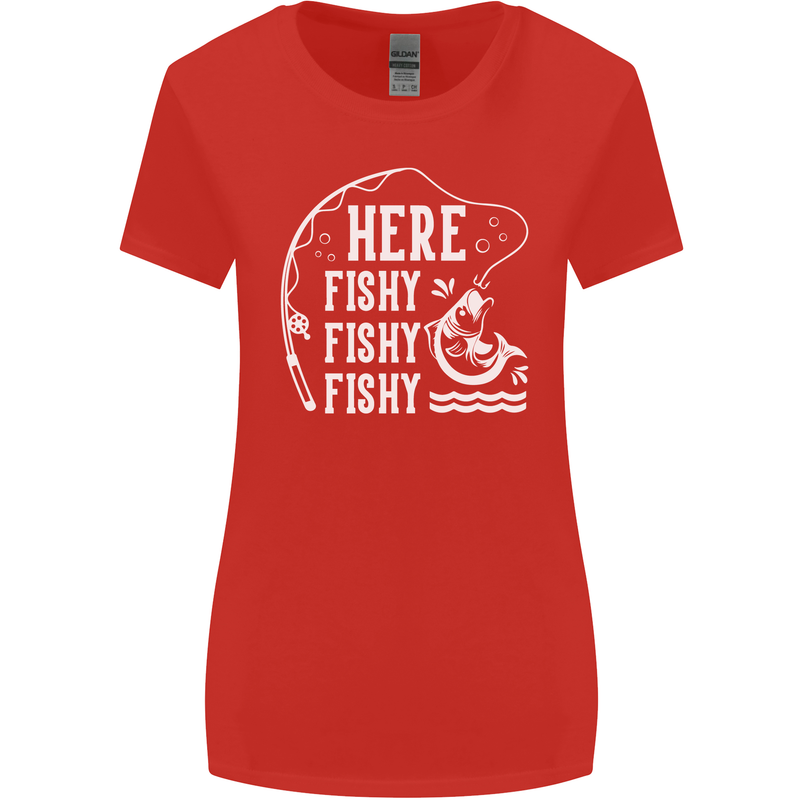 Here Fishy Fishy Funny Fishing Fisherman Womens Wider Cut T-Shirt Red