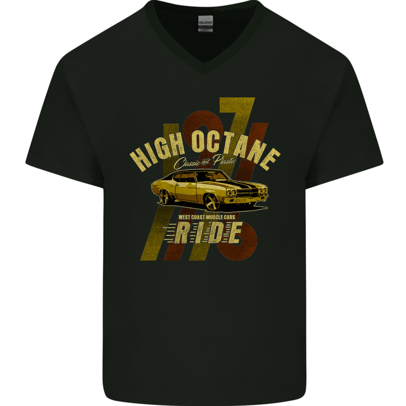 High Octane Ride 1971 Muscle Car Mens V-Neck Cotton T-Shirt Black
