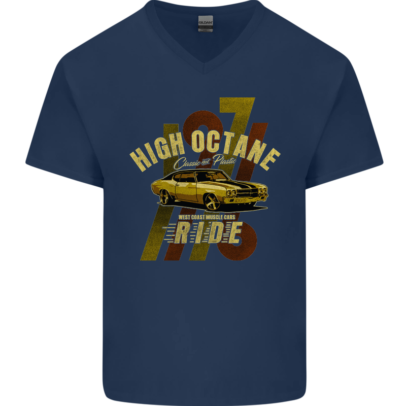 High Octane Ride 1971 Muscle Car Mens V-Neck Cotton T-Shirt Navy Blue
