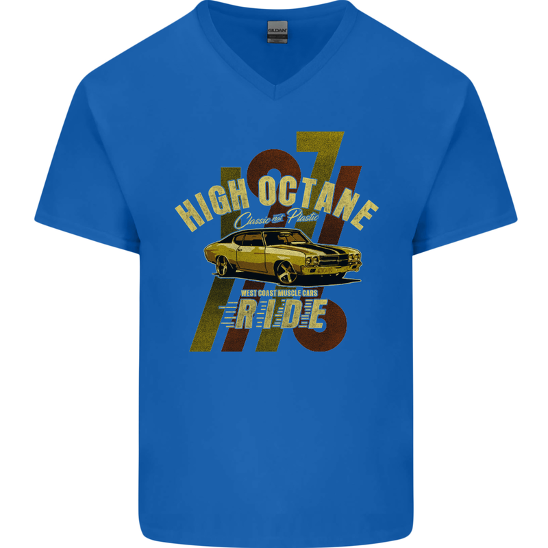 High Octane Ride 1971 Muscle Car Mens V-Neck Cotton T-Shirt Royal Blue