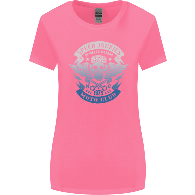 High Speed Junkies Biker Mortorcycle Womens Wider Cut T-Shirt Azalea