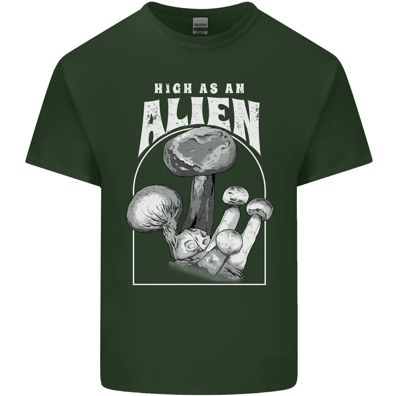 High as An Alien Magic Mushrooms LSD Trippy Mens Cotton T-Shirt Tee Top Forest Green