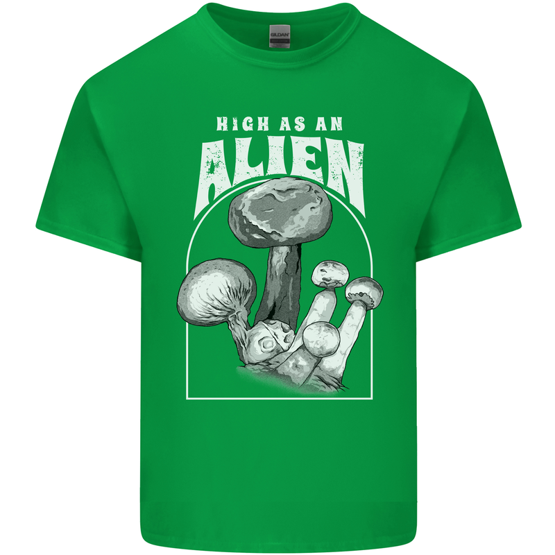 High as An Alien Magic Mushrooms LSD Trippy Mens Cotton T-Shirt Tee Top Irish Green