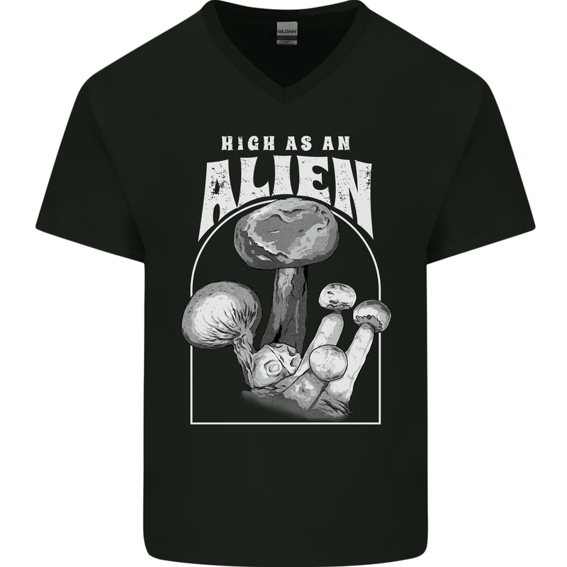 High as An Alien Magic Mushrooms LSD Trippy Mens V-Neck Cotton T-Shirt Black