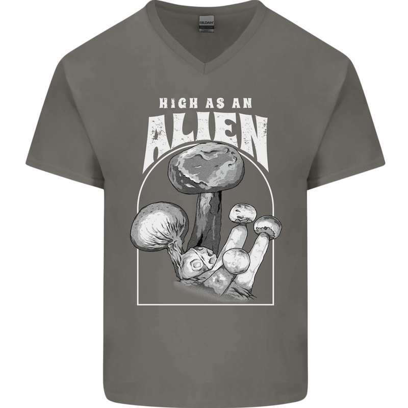 High as An Alien Magic Mushrooms LSD Trippy Mens V-Neck Cotton T-Shirt Charcoal