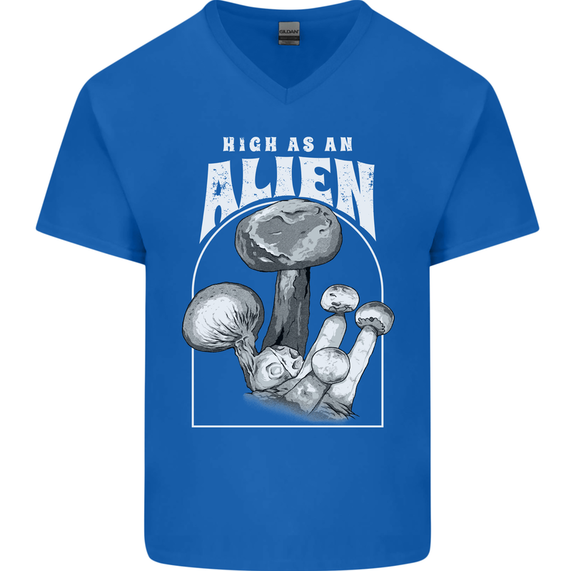 High as An Alien Magic Mushrooms LSD Trippy Mens V-Neck Cotton T-Shirt Royal Blue