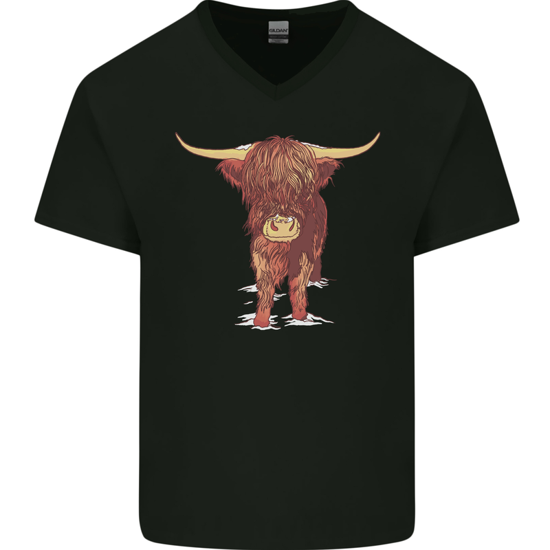 Highland Cattle Cow Scotland Scottish Mens V-Neck Cotton T-Shirt Black