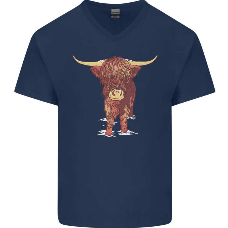 Highland Cattle Cow Scotland Scottish Mens V-Neck Cotton T-Shirt Navy Blue