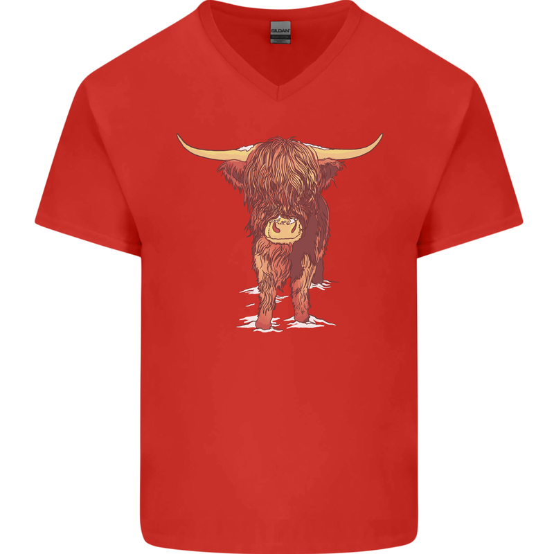 Highland Cattle Cow Scotland Scottish Mens V-Neck Cotton T-Shirt Red