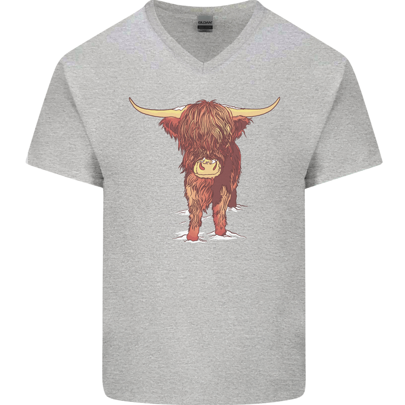 Highland Cattle Cow Scotland Scottish Mens V-Neck Cotton T-Shirt Sports Grey