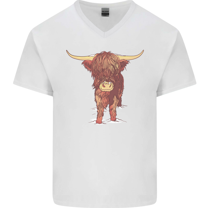 Highland Cattle Cow Scotland Scottish Mens V-Neck Cotton T-Shirt White