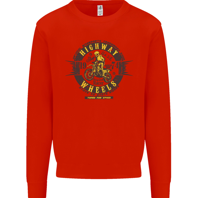 Highway Wheels Motocross Motorcycle Kids Sweatshirt Jumper Bright Red