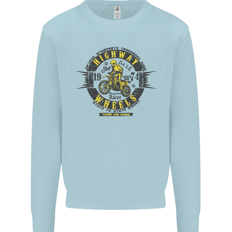 Highway Wheels Motocross Motorcycle Mens Sweatshirt Jumper Light Blue