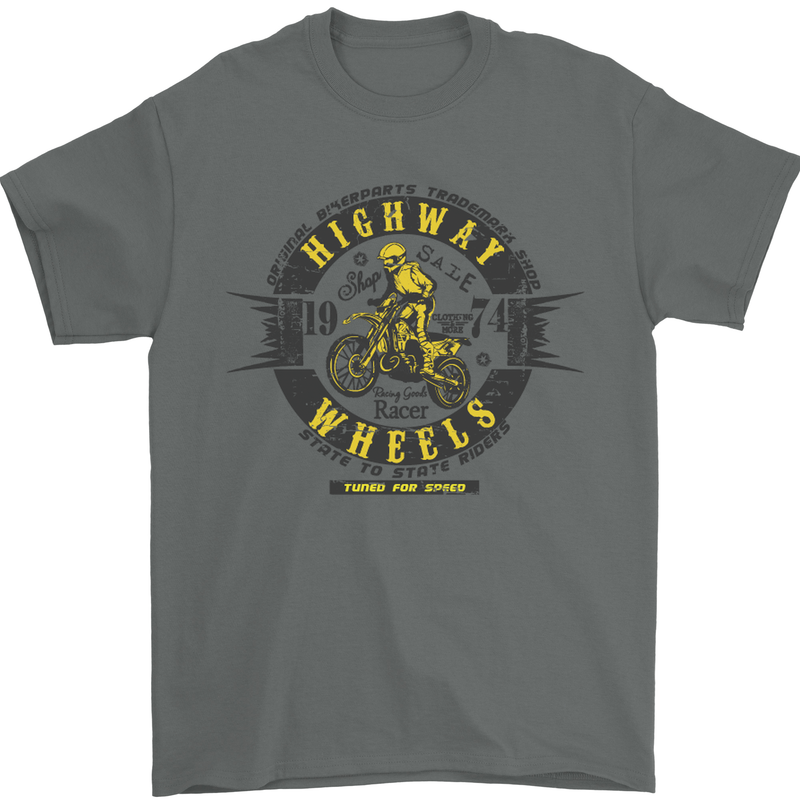 Highway Wheels Motocross Motorcycle Mens T-Shirt Cotton Gildan Charcoal