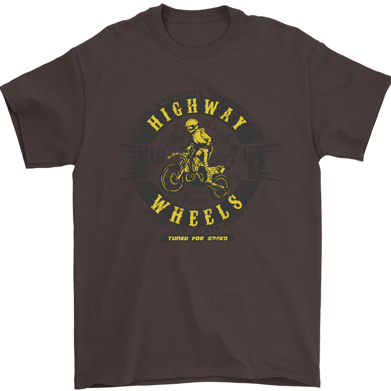 Highway Wheels Motocross Motorcycle Mens T-Shirt Cotton Gildan Dark Chocolate