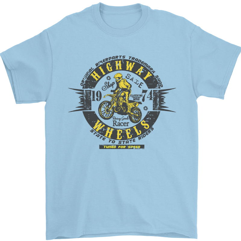 Highway Wheels Motocross Motorcycle Mens T-Shirt Cotton Gildan Light Blue