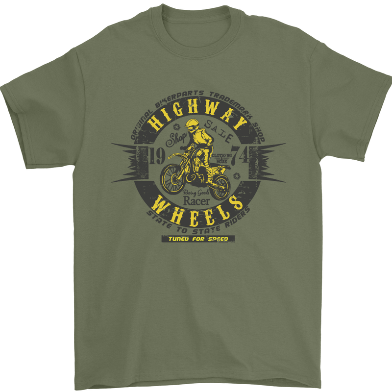 Highway Wheels Motocross Motorcycle Mens T-Shirt Cotton Gildan Military Green