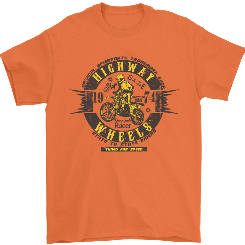 Highway Wheels Motocross Motorcycle Mens T-Shirt Cotton Gildan Orange