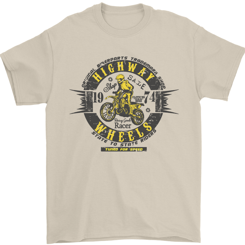 Highway Wheels Motocross Motorcycle Mens T-Shirt Cotton Gildan Sand