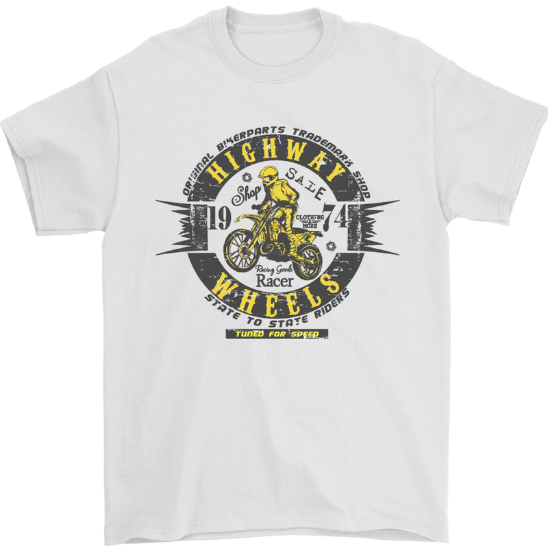 Highway Wheels Motocross Motorcycle Mens T-Shirt Cotton Gildan White