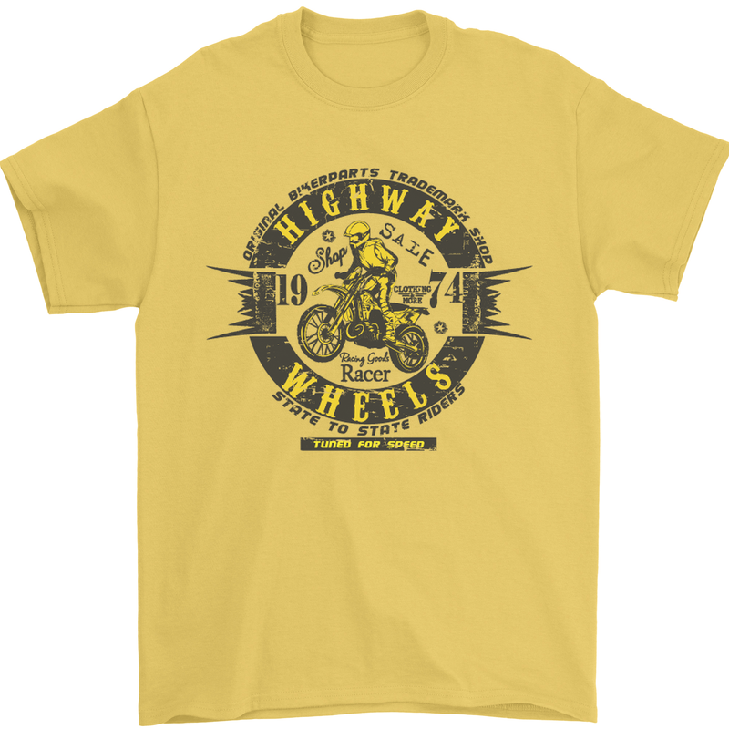 Highway Wheels Motocross Motorcycle Mens T-Shirt Cotton Gildan Yellow