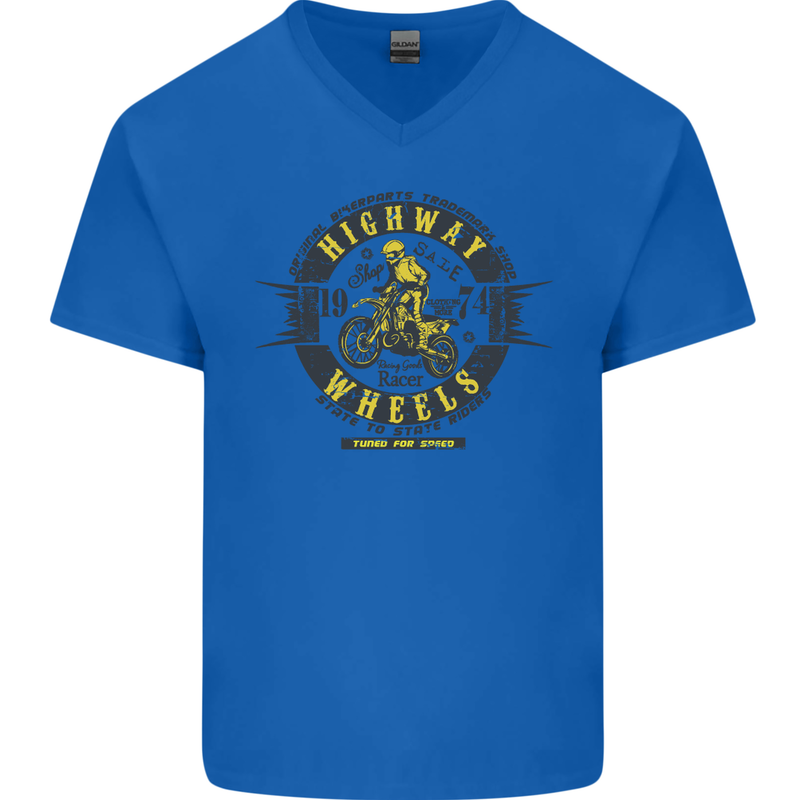Highway Wheels Motocross Motorcycle Mens V-Neck Cotton T-Shirt Royal Blue