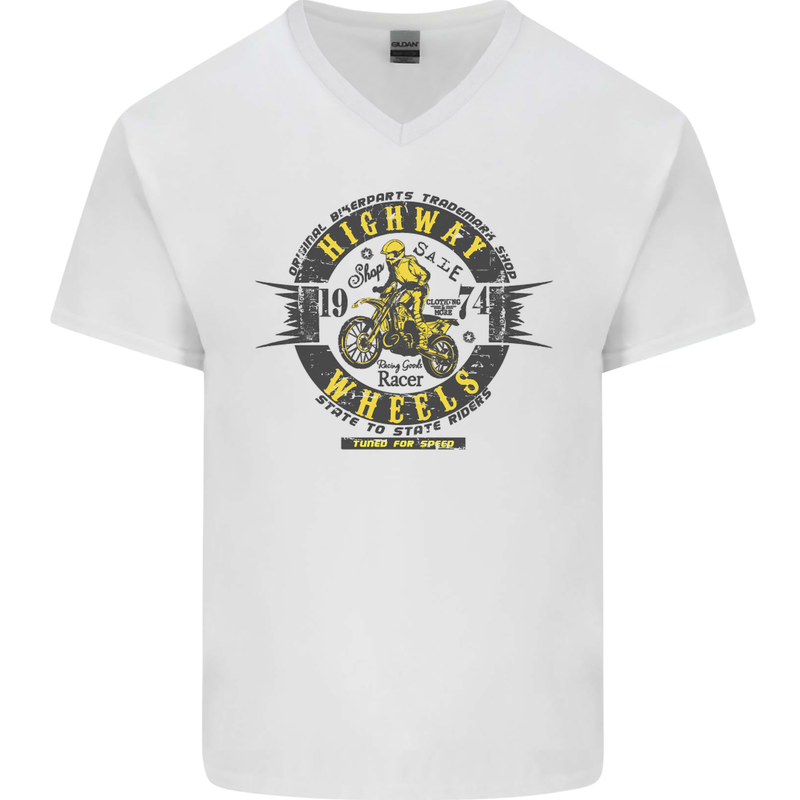 Highway Wheels Motocross Motorcycle Mens V-Neck Cotton T-Shirt White