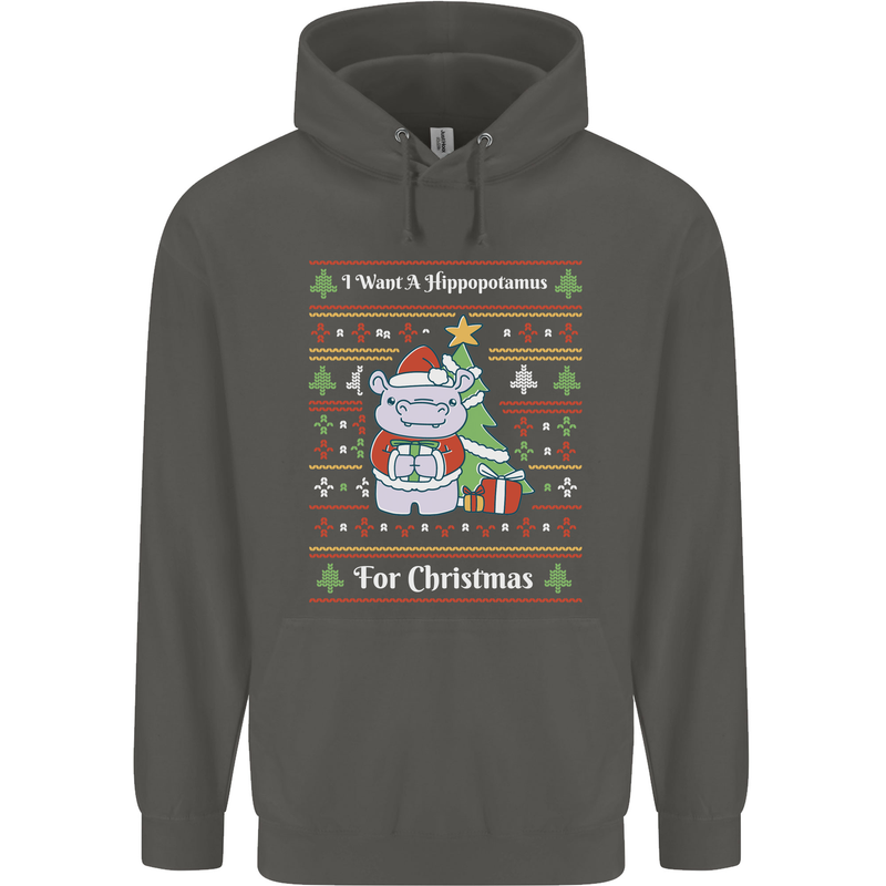 Hippo Christmas Funny Hippopotamus Childrens Kids Hoodie Storm Grey