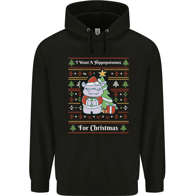 Hippo Christmas Funny Hippopotamus Mens 80% Cotton Hoodie Black