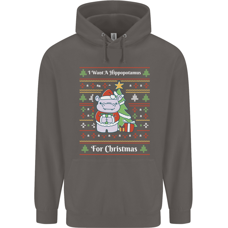 Hippo Christmas Funny Hippopotamus Mens 80% Cotton Hoodie Charcoal