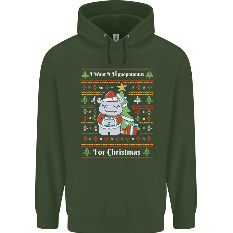 Hippo Christmas Funny Hippopotamus Mens 80% Cotton Hoodie Forest Green