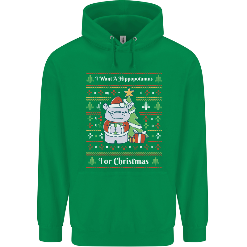 Hippo Christmas Funny Hippopotamus Mens 80% Cotton Hoodie Irish Green