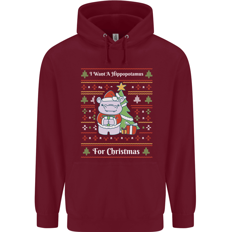 Hippo Christmas Funny Hippopotamus Mens 80% Cotton Hoodie Maroon