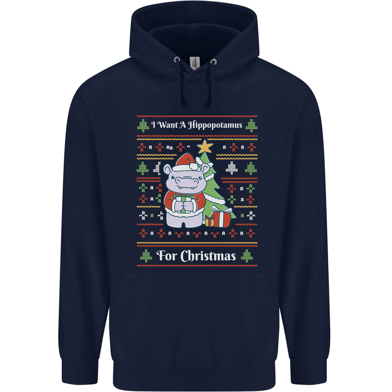 Hippo Christmas Funny Hippopotamus Mens 80% Cotton Hoodie Navy Blue