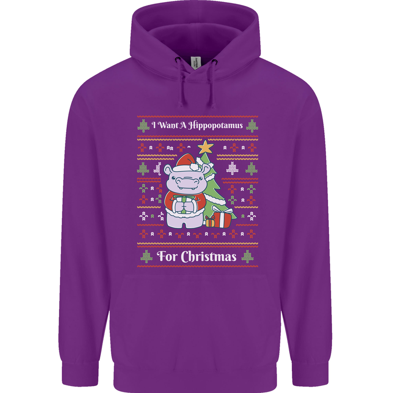 Hippo Christmas Funny Hippopotamus Mens 80% Cotton Hoodie Purple