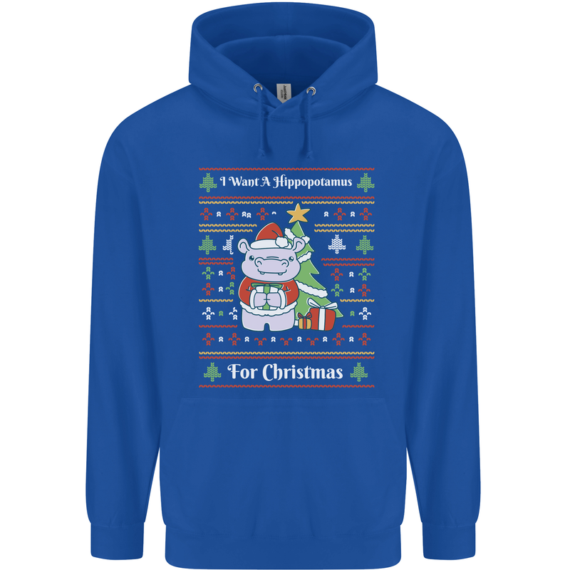 Hippo Christmas Funny Hippopotamus Mens 80% Cotton Hoodie Royal Blue