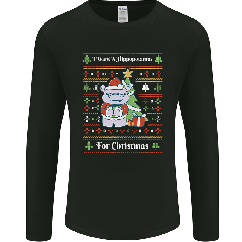 Hippo Christmas Funny Hippopotamus Mens Long Sleeve T-Shirt Black