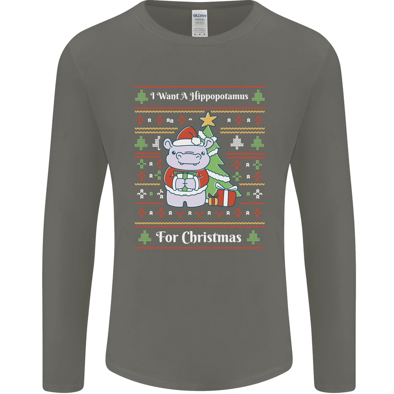 Hippo Christmas Funny Hippopotamus Mens Long Sleeve T-Shirt Charcoal